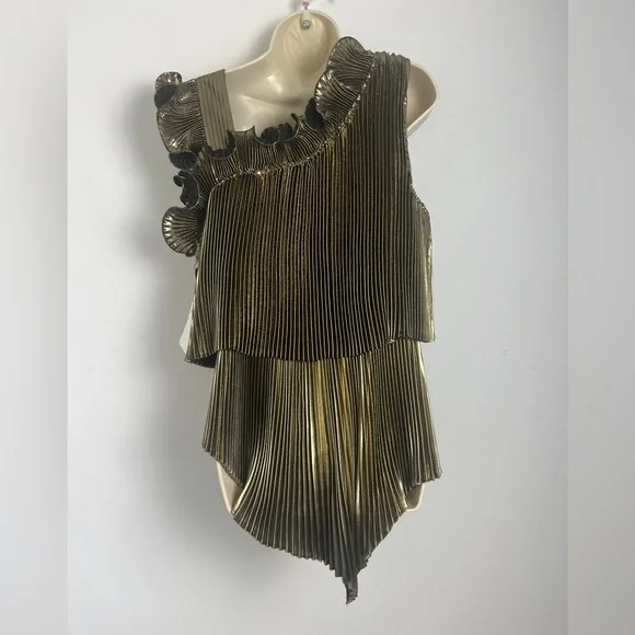 NEW Halogen X Atlantic-Pacific Large Pleated Asymmetrical Gold Black Lame Blouse - Picture 13 of 16